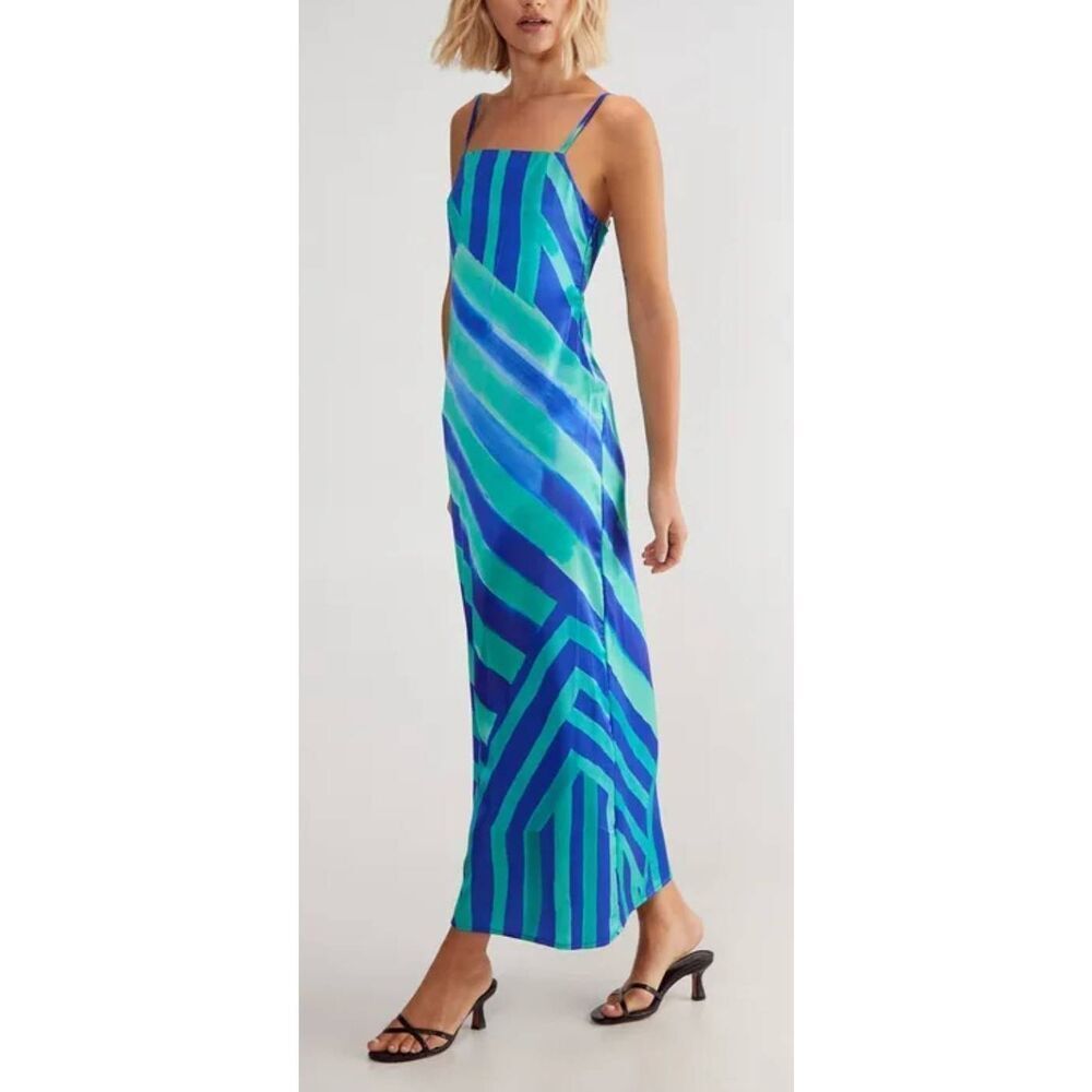 Nasty Gal Satin‎ Maxi Dress Size 2 Blue Green Stripe Abstract Tie Back